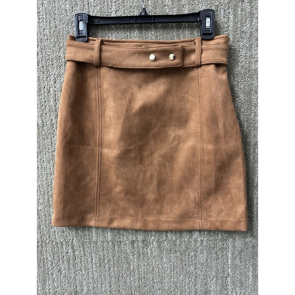 Haute Monde Womens Brown‎ Flat Front Stretch Faux Suede Belted Mini Skirt Med